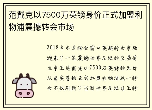 范戴克以7500万英镑身价正式加盟利物浦震撼转会市场 范戴克以7500万英镑身价正式加盟利物浦震撼转会市场